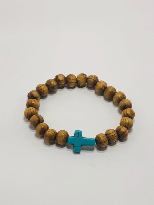 Turquoise Cross Band - Light Brown Wood Beads